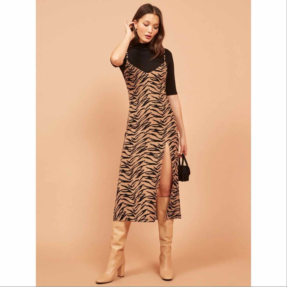 Reformation Crimini Dress Size 6 Rajah Tiger Print Midi Slit